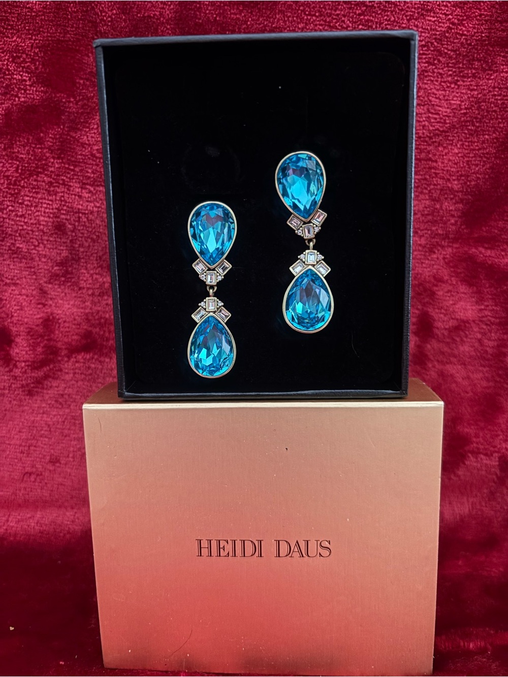 Heidi Daus Teardrop Double-Drop Blue Crystal Earrings clip on
